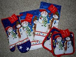 Set/ 2 Towels/ 2 Potholders/mitt/ Snowman/navy Blue/multi Nw