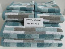 6Pc Set Geometric Stripe Bath Towels~Aqua/Gray/Turquoise/Whi