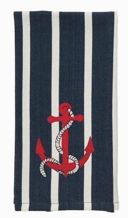 S Set Of 2 Anchor Nautical Dishtowels Navy Blue Striped Embr