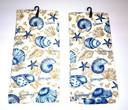 Set 2 Seashells Starfish Ocean Beach Seaside Blue Tan Cotton