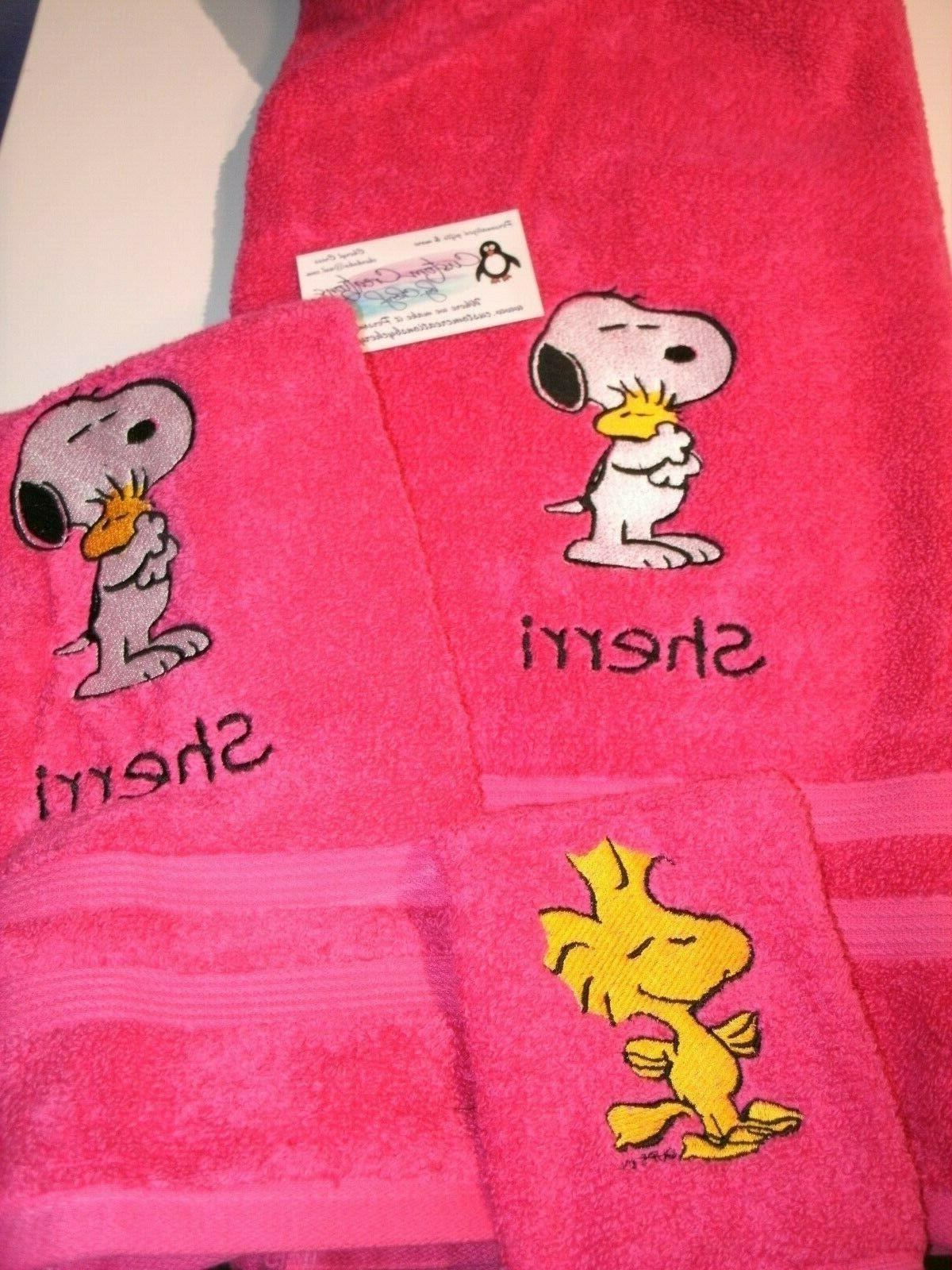 snoopy hugging woodstock personalized 3 piece bath