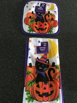 S & Pot Holder Set ~ Halloween Cat With Pumpkins Pattern