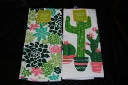 SET OF 2 KITCHEN TOWELS, CACTUS & FLOWERS. 100% COTTON