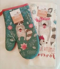 Oven Mitt Set Harvest Thanksgiving Fox Acorn Blue